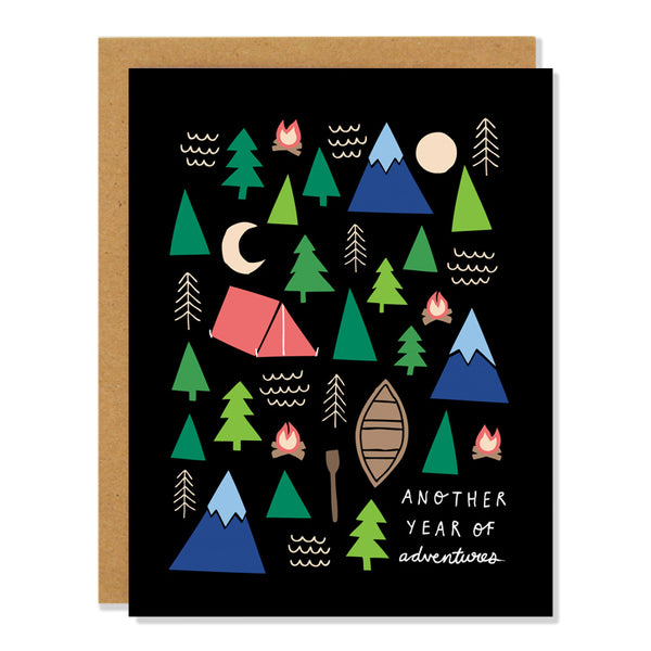 birthday card featuring camping, tents, canoes, trees and mountains