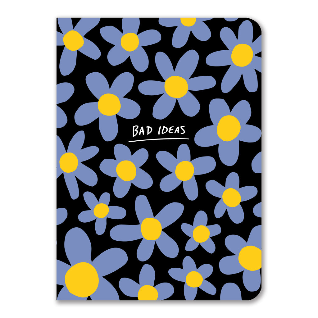 cute daisy flower pattern in blue and yellow with bad ideas written in the center