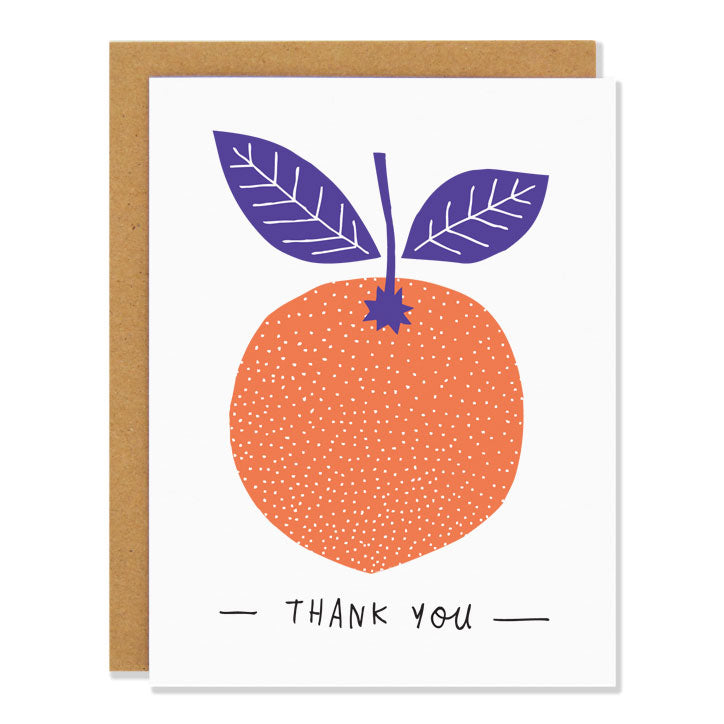 a thank you card featuring a minimalist illustration of an orange with blue leaves on a white background. Text reads: Thank You