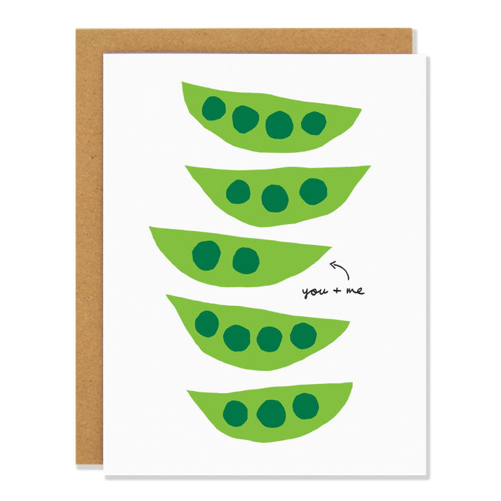 a love and friendship card with an illustration of five peapods. The middle peapod has two peas inside, and an arrow points to it with text reading "you + me"