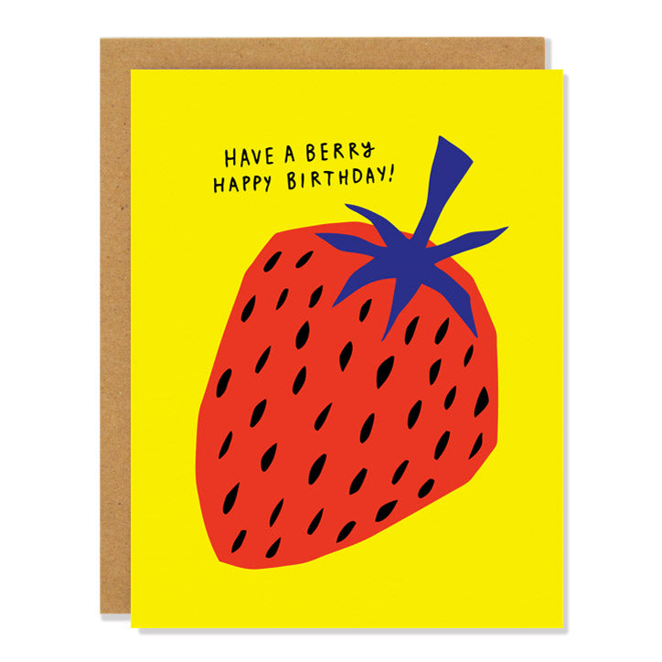 pop art strawberry cut out in red, blue on yellow background, text reads "have a berry happy birthday!"