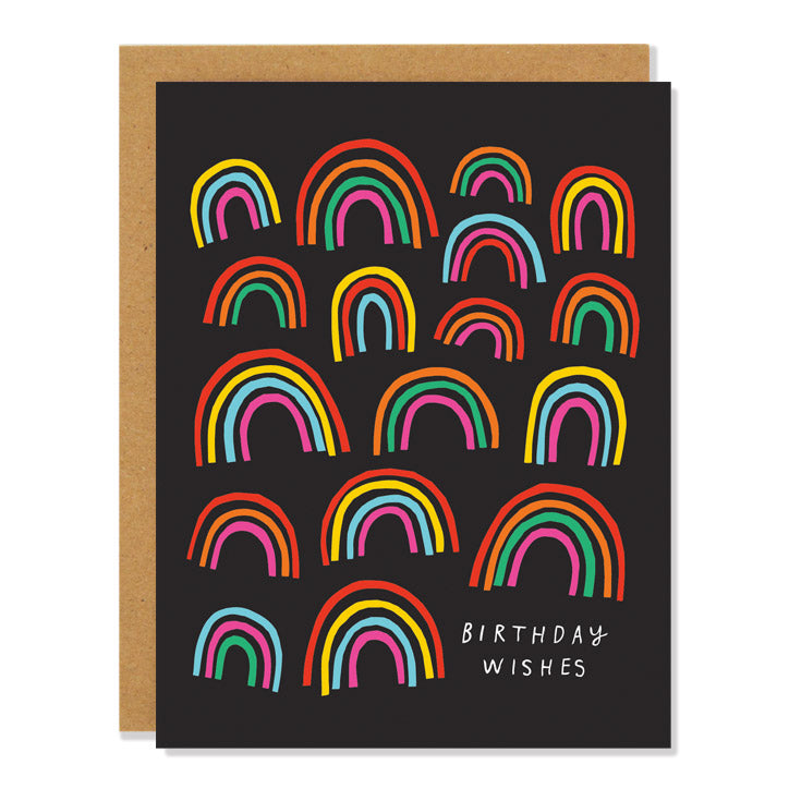 A birthday card with a black background and multiple colorful rainbows with the words "Birthday Wishes" written at the bottom.