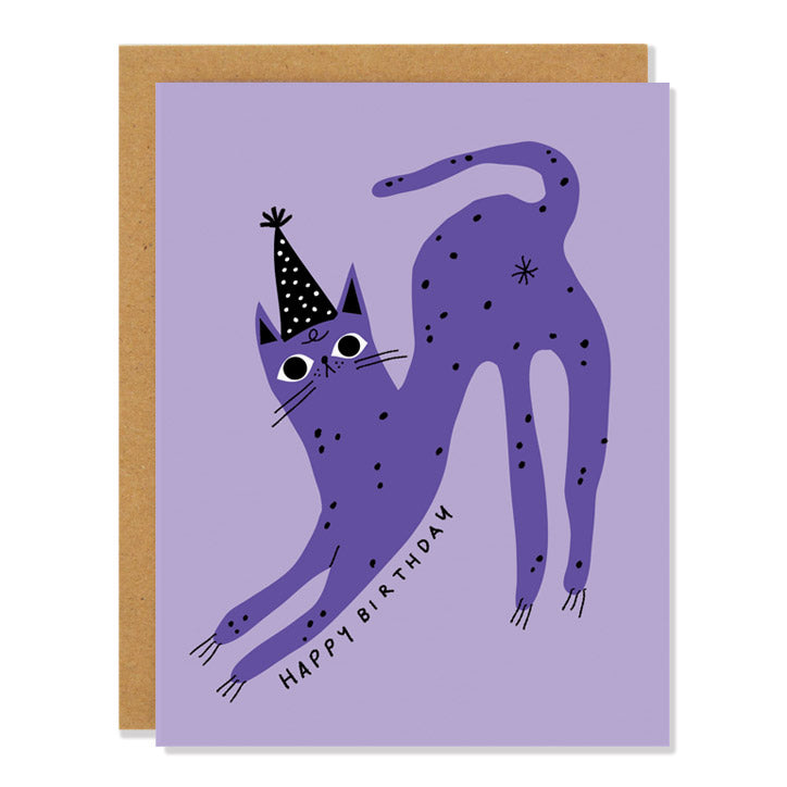 Illustration of a purple cat with black dots, wearing a black and white polka-dotted party hat, with the words "Happy Birthday" written below it on a greeting card.
