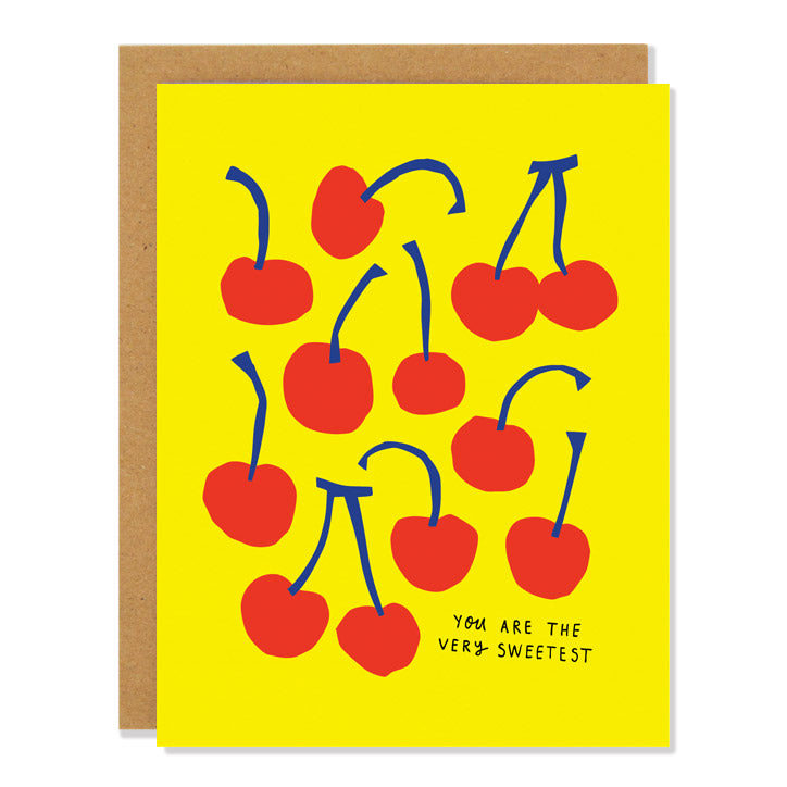 A greeting card with red cherries illustration on a yellow background with the text "you are the very sweetest" written at the bottom.