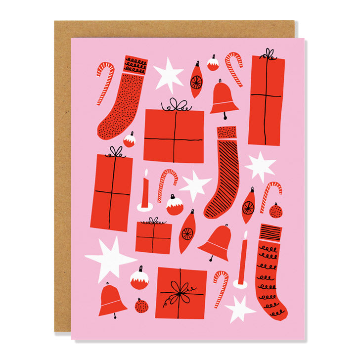 a holiday greeting card with mid century inspired illustrations of stockings, presents, stars, candy canes, bells, and baubles, on a pink background