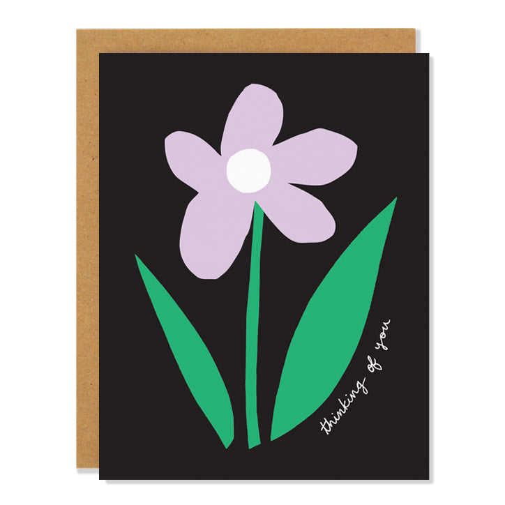 A simple sympathy greeting card with an illustration of a light purple flower and green stem and leaves on a black background. Text reads: "thinking of you"