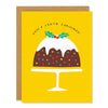 a christmas greeting card featuring an illustration of christmas fruit cake on a platter in a midcentury style, with text reading "Have a Fruity Christmas!" on yellow background