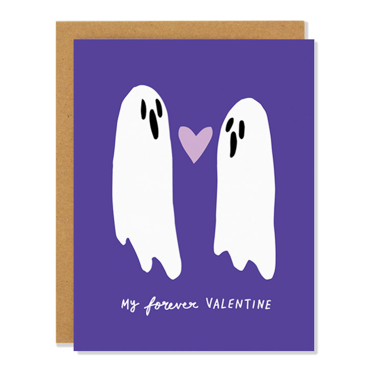 a valentine's day greeting card featuring an illustration of two ghosts in love, with a small heart between them both, with text reading: My Forever Valentine", on a purple background