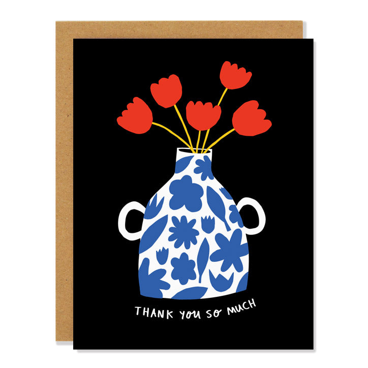 a thank you card featuring an illustration of a white vase decorated in a blue floral pattern with five red tulips. Underneath reads: "Thank you so much"
