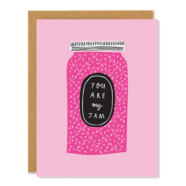 a love and friendship greeting card featuring an illustration of a pink jam on a lighter pink background, with text on the jam jar label reading "you are my jam"