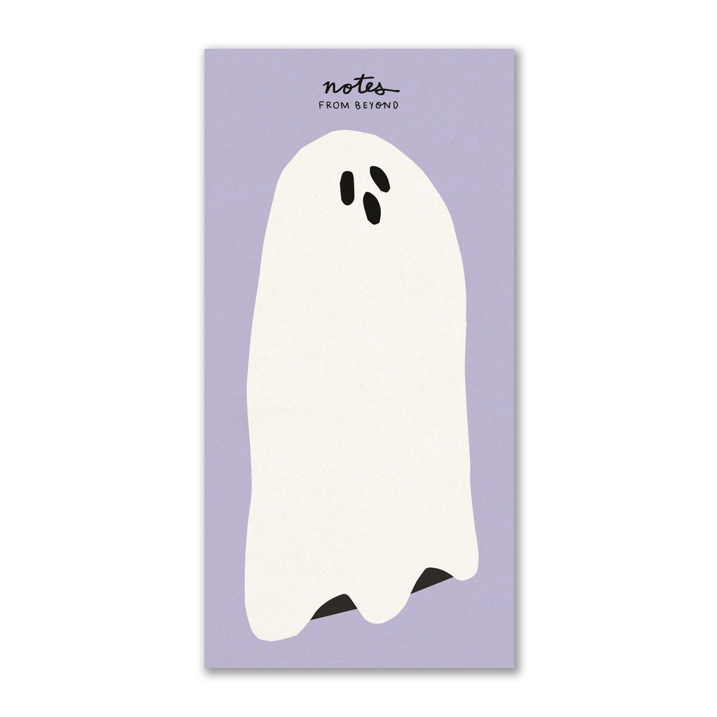 a light purple notepad with an illustration of a classic white ghost, with text above reading: "Notes from Beyond"