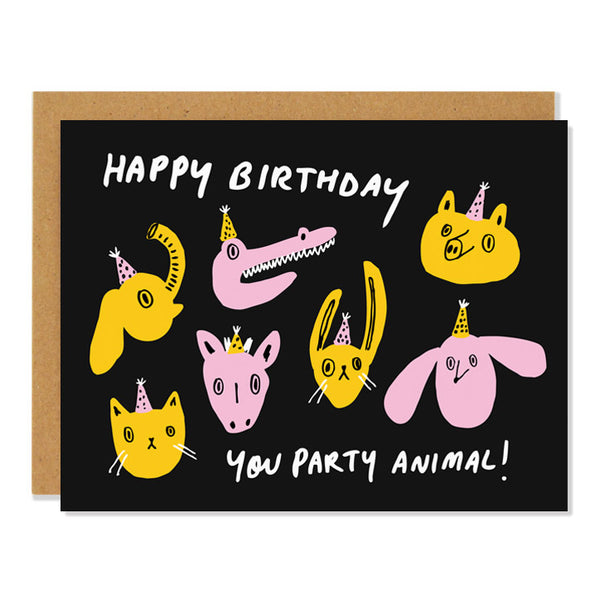a birthday greeting card featuring abstract cartoon drawings of animals in birthday party hats, including an elephant, an alligator, a pig, bunny, dogs, cats and donkey. The text reads "happy birthday, you party animal!"