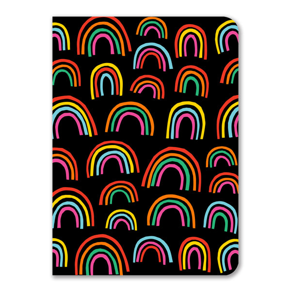 a notebook featuring cut out illustrations of simplified rainbows in rows across a black background