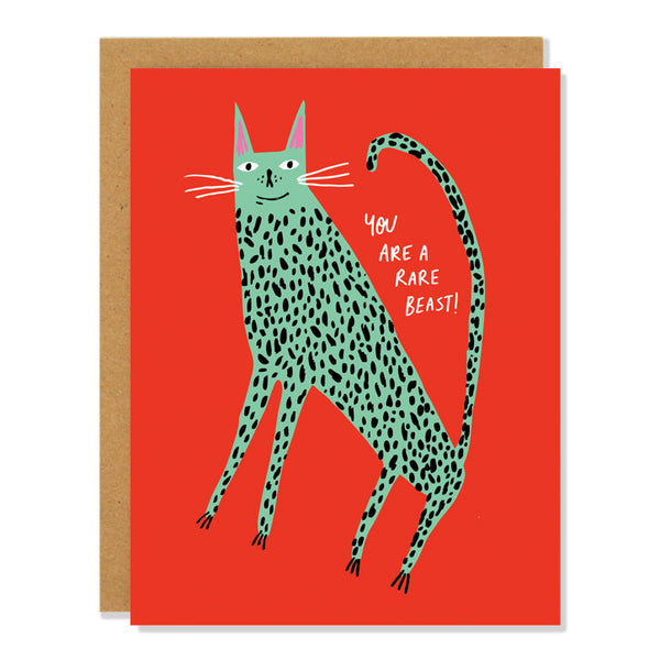 a greeting card featuring an illustration of a turquoise and spotted cat-like animal on a red background with the text: "you are a rare beast"