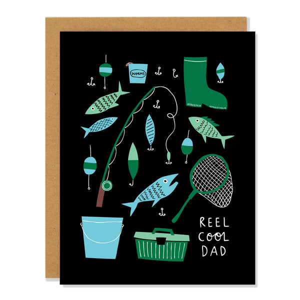 A Father’s Day greeting card featuring illustrations of items associated with fishing, such as a rod, boots, lures, tackle box, a pale, in shades of green and blue on a black background. The text reads: Reel Cool Dad 