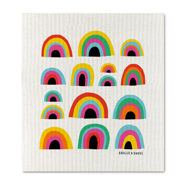 a swedish sponge cloth featuring a pattern of multiple rainbows 