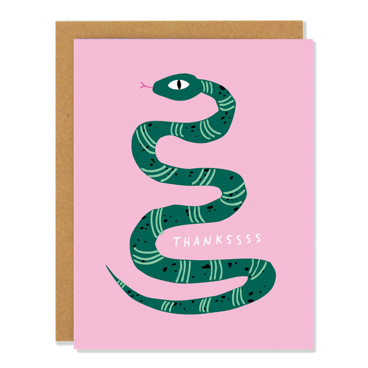 a thank you card featuring an illustration of a green snake on a light pink background. The hand written text reads: "Thankssss"