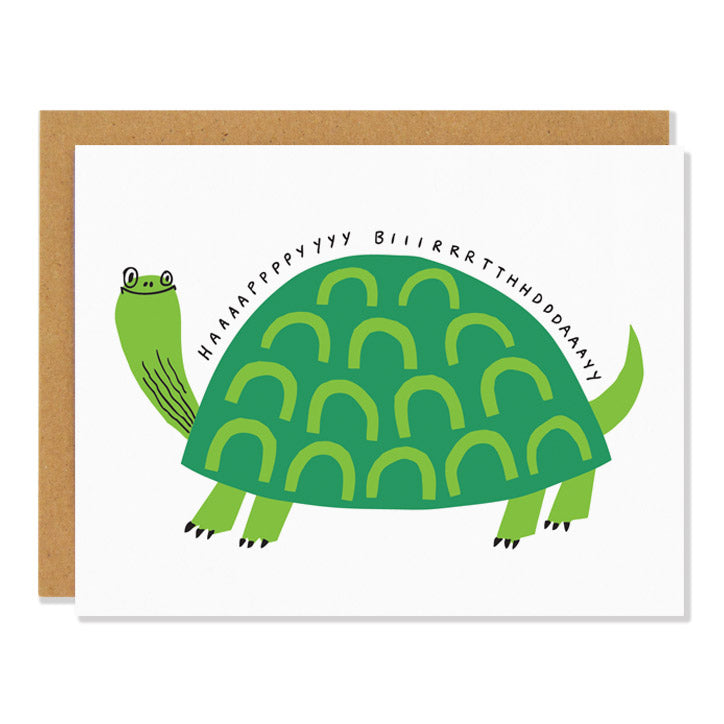 a birthday greeting card featuring an illustration of a turtle smiling at the reader. The text above the turtle reads: Haaaappppyyyyy Biiiirrtthhddddaaayyyyyy