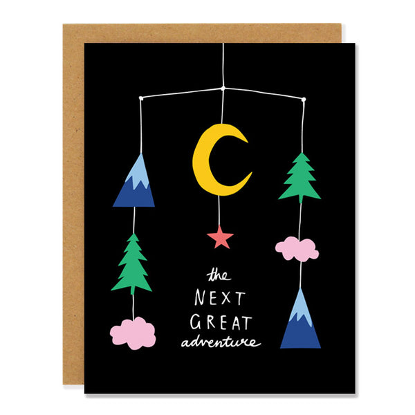 new baby card with baby mobile with trees, mountains, clouds, moon and stars