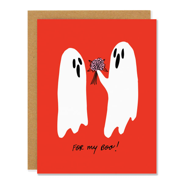 an everyday and love greeting card featuring a drawing of one ghost giving a bouquet of flowers to another ghost, with text reading "for my boo!" on a red background
