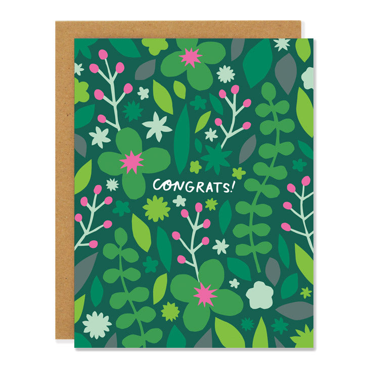 a congratulations greeting card with a flower design in shades of green and pink. text reads: "congrats!"