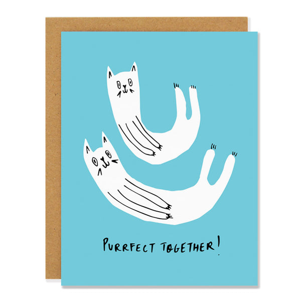 a love and friendship greeting card featuring an illustration of two white cats nestled together on a blue background, with text reading: "purrfect together!"