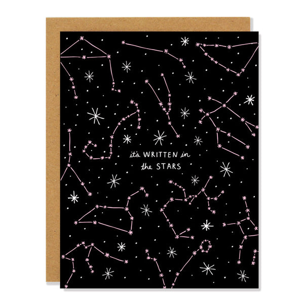 a love or wedding greeting card featuring illustrations of the horoscopes as constellations in a night sky surrounded by white stars on a black background, text in the middle reads: "it's written in the stars"